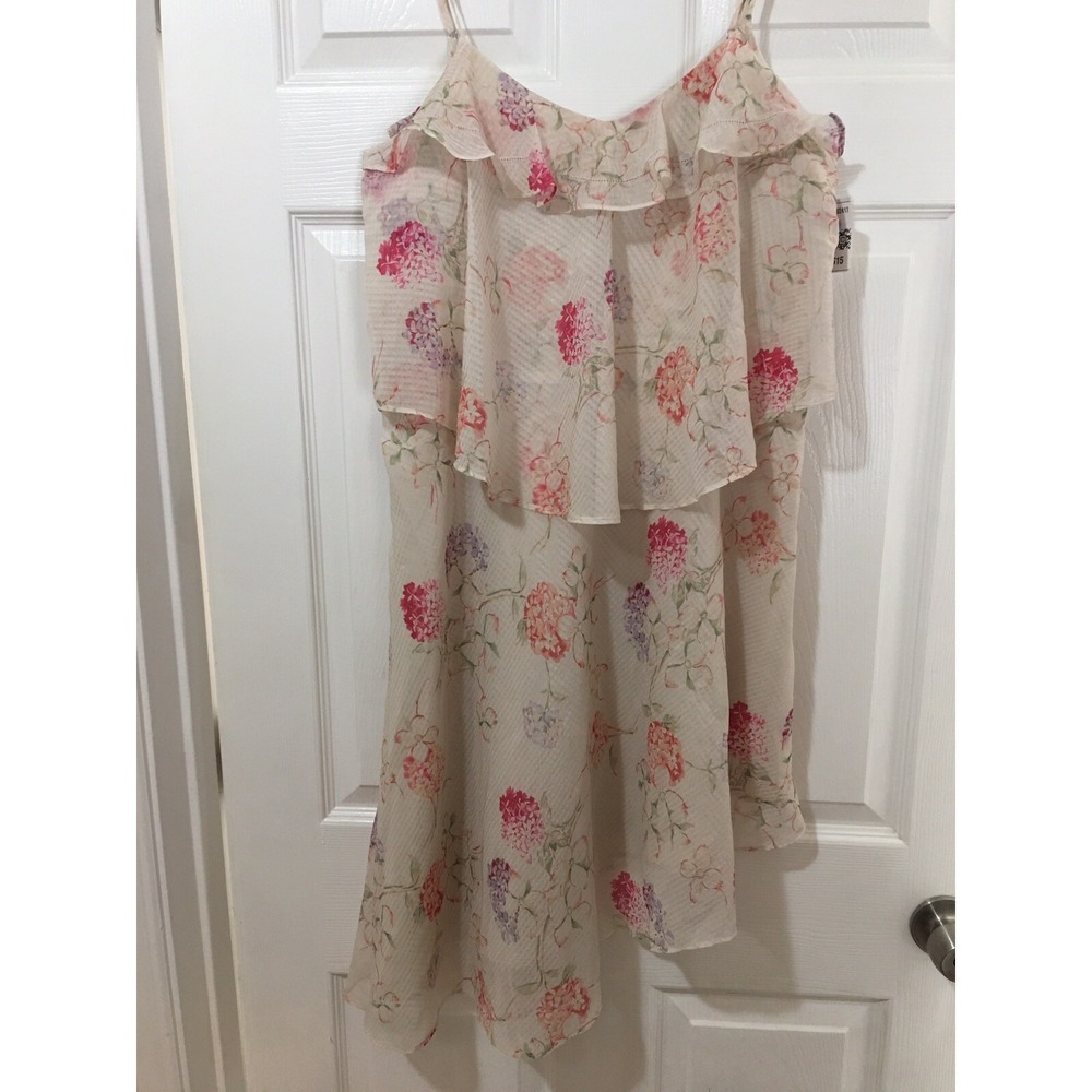 Dress Small A New Day Ivory Pink Floral Print Ruffle Flounce Spaghetti Strap